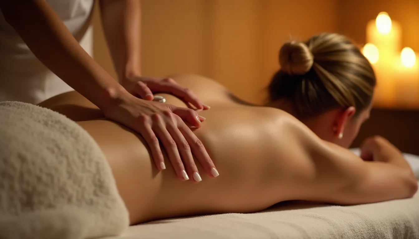 Femme allongée en détente profonde sur une table de massage pendant un drainage lymphatique manuel des cuisses réalisé par une praticienne dans une ambiance spa aux tons chauds et apaisés