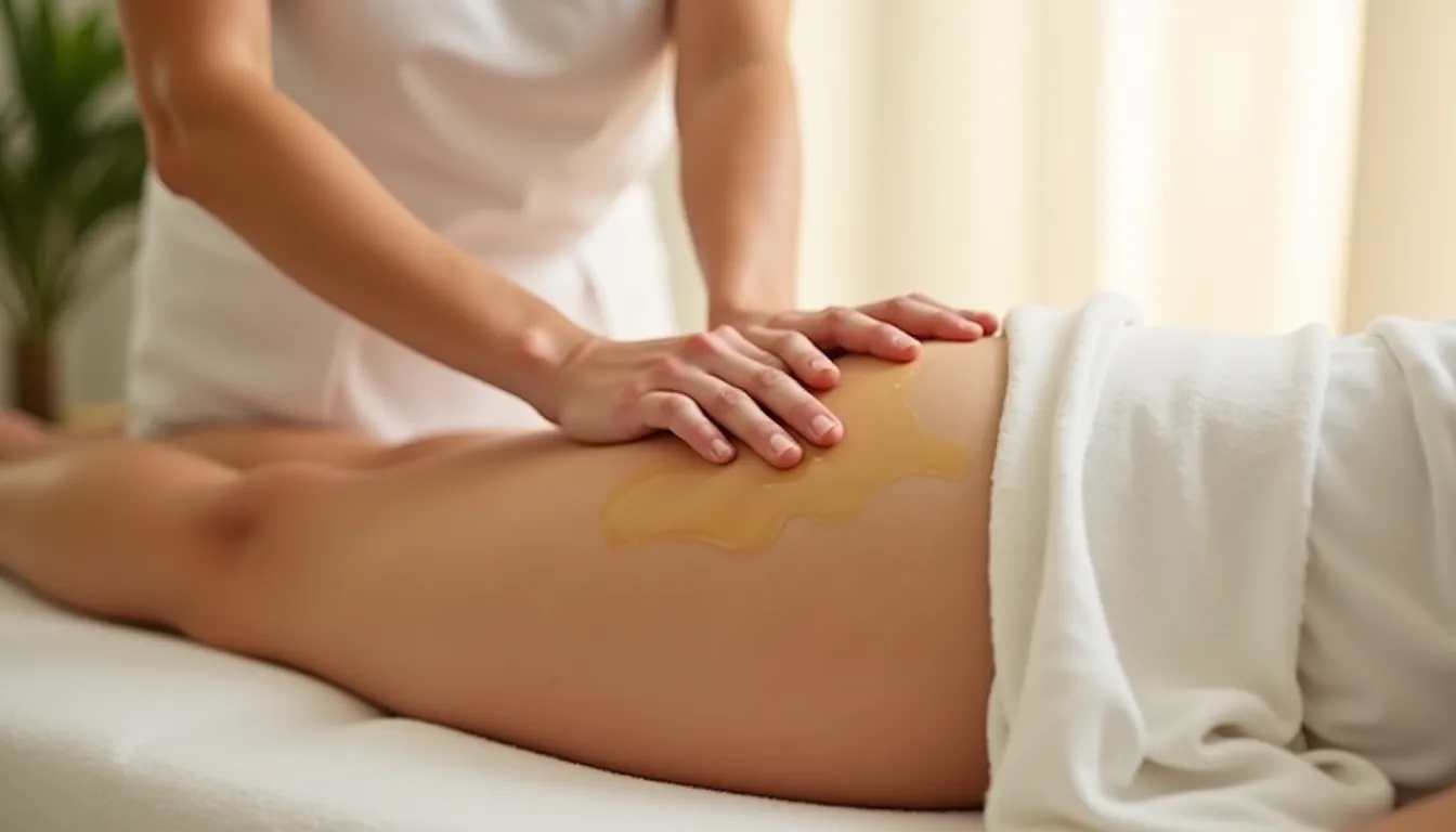 Praticienne en soins bien-être réalisant un massage cellulite cuisse sur une cliente allongée sur une table de massage dans un cabinet spa lumineux et apaisant
