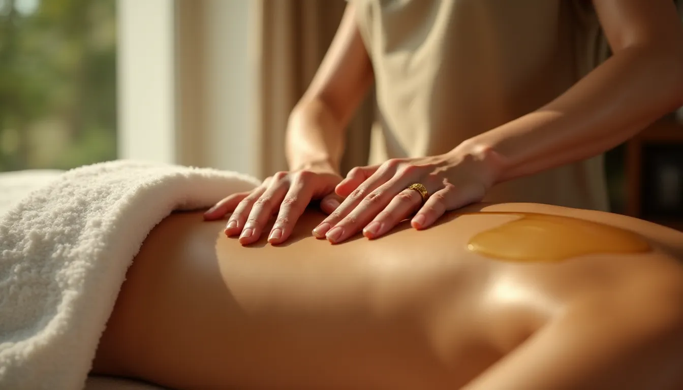 Gros plan de mains expertes réalisant un massage en profondeur sur le dos et les épaules, avec de l'huile de massage et un éclairage naturel doux