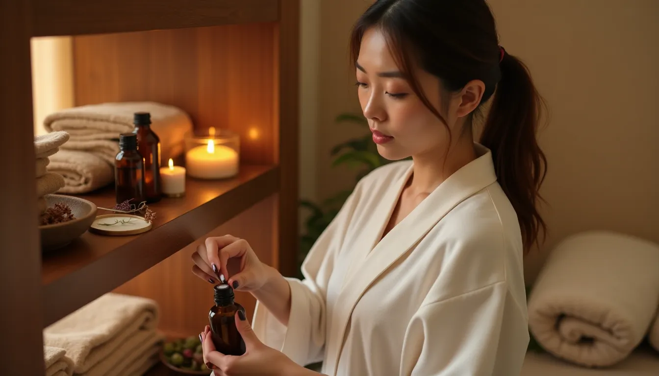 Praticienne bien-être en tenue blanche choisissant une huile essentielle sur une étagère en bois pour préparer un soin de modelage et massage, dans un cabinet spa chaleureux