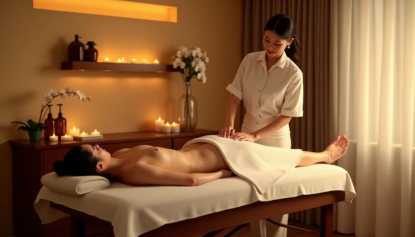 Praticienne réalisant un soin de modelage et massage sur une table en bois dans un espace bien-être lumineux à Vichy, avec huiles et bougies en arrière-plan