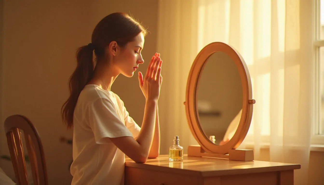 Femme pratiquant un massage anti cernes en auto-massage devant son miroir le matin dans une lumière dorée apaisante, avec une huile visage posée sur sa coiffeuse en bois