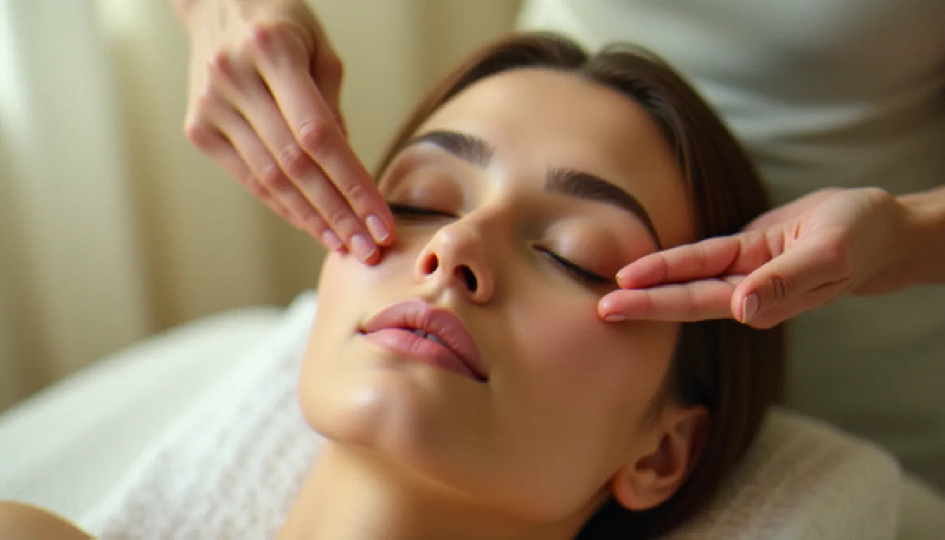 Praticienne réalisant un massage anti cernes délicat avec les annulaires sous les yeux d'une femme allongée sereinement sur une table de massage en lin blanc