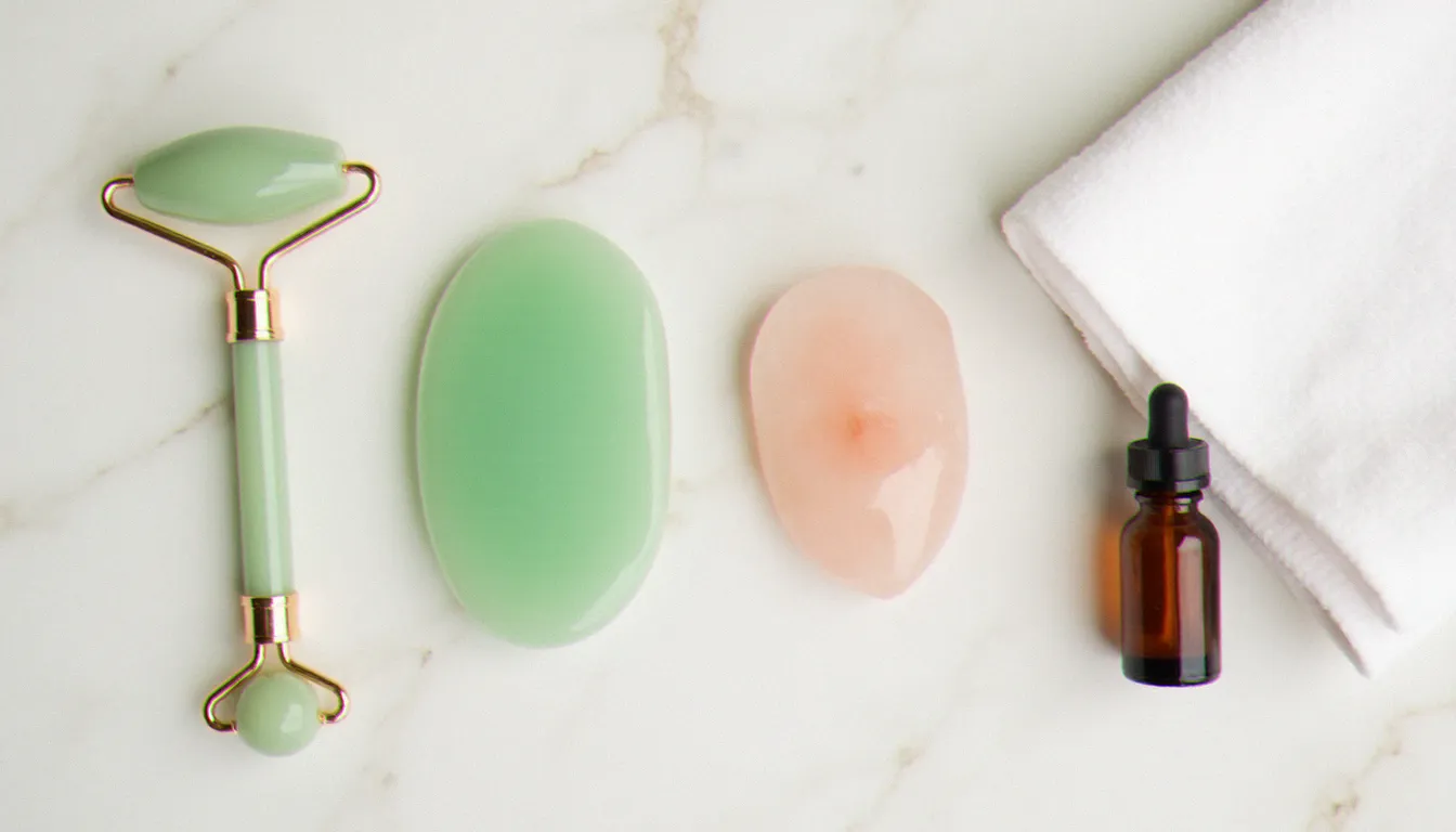 Outils de massage anti rides visage disposés sur marbre blanc — Gua Sha en jade, rouleau de quartz rose et huile végétale