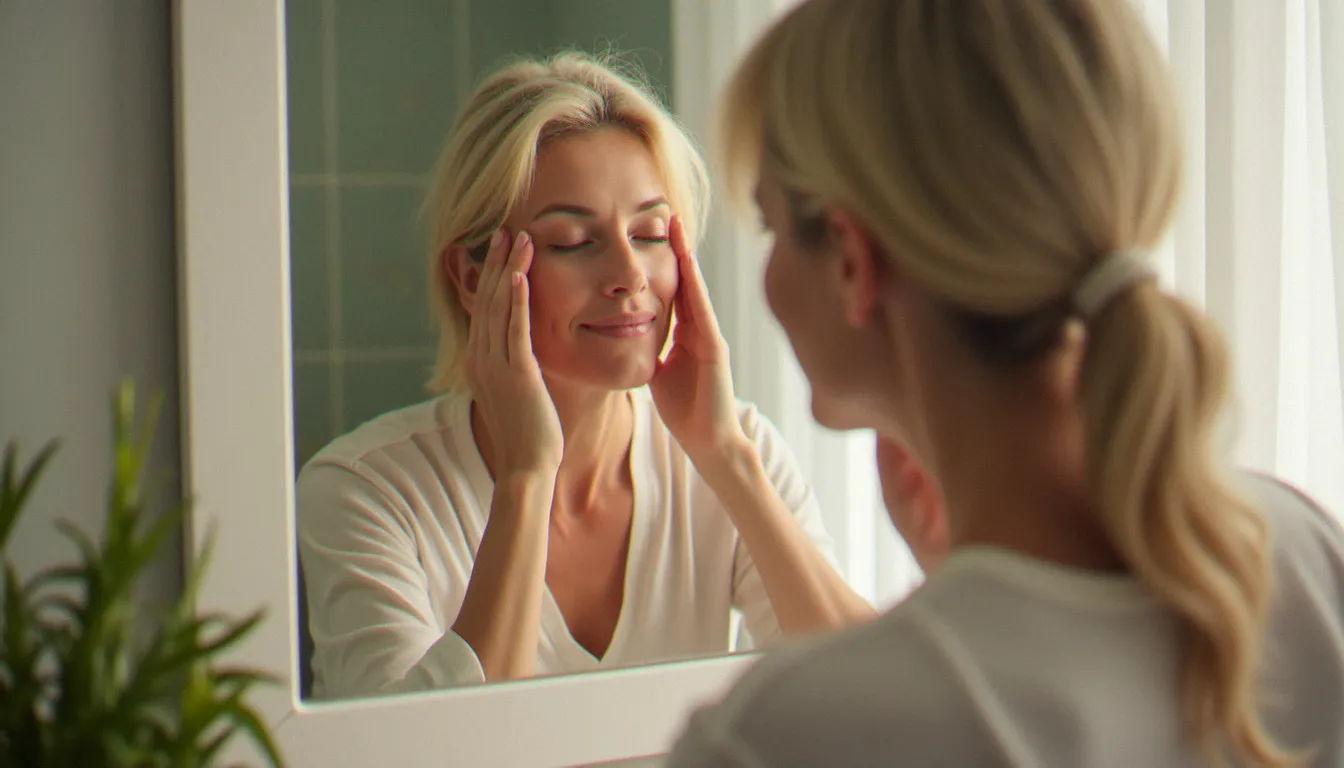 Femme pratiquant seule un massage anti rides visage devant son miroir dans une salle de bain baignée de lumière naturelle matinale