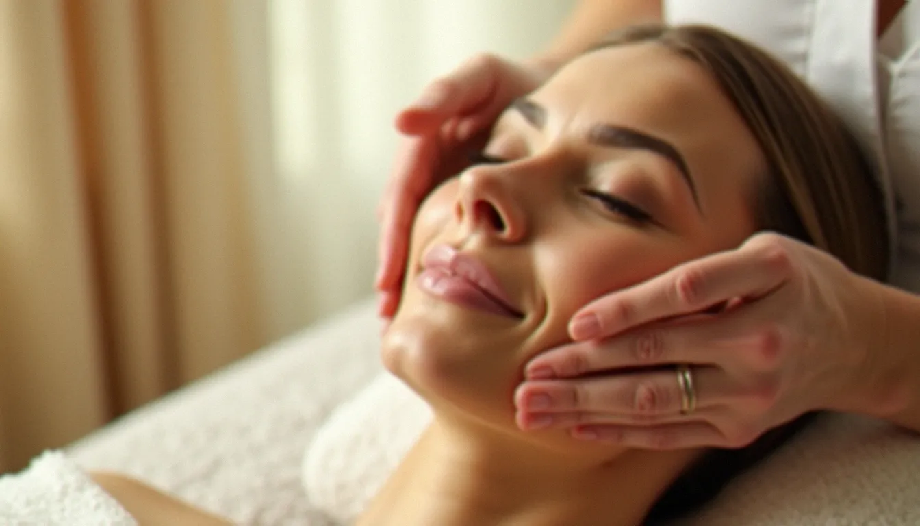Femme sereine recevant un massage anti rides visage aux mains expertes dans un espace bien-être lumineux et apaisant