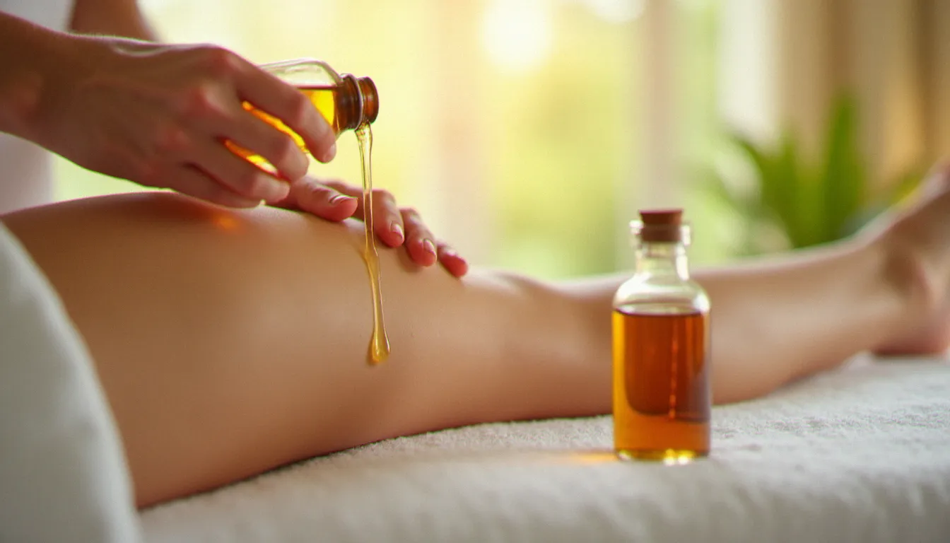 Gros plan sur des mains de praticienne versant une huile végétale dorée sur la cuisse d'une cliente avant un massage anti-cellulite, lumière naturelle douce.