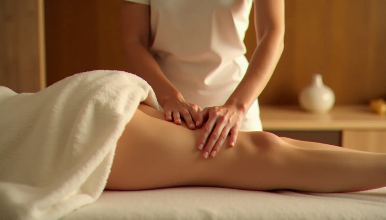 Praticienne bien-être réalisant un massage cuisse anti cellulite avec la technique palper-rouler dans une cabine de soin lumineuse et apaisante à Vichy.