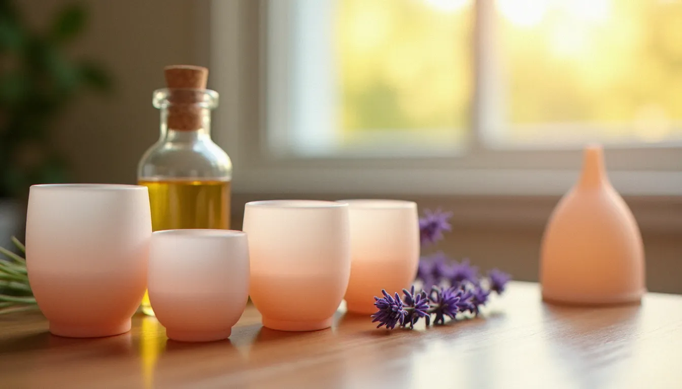Ventouses en silicone de différentes tailles disposées sur une surface en bois avec une huile de massage, représentant le matériel utilisé pour le massage cupping