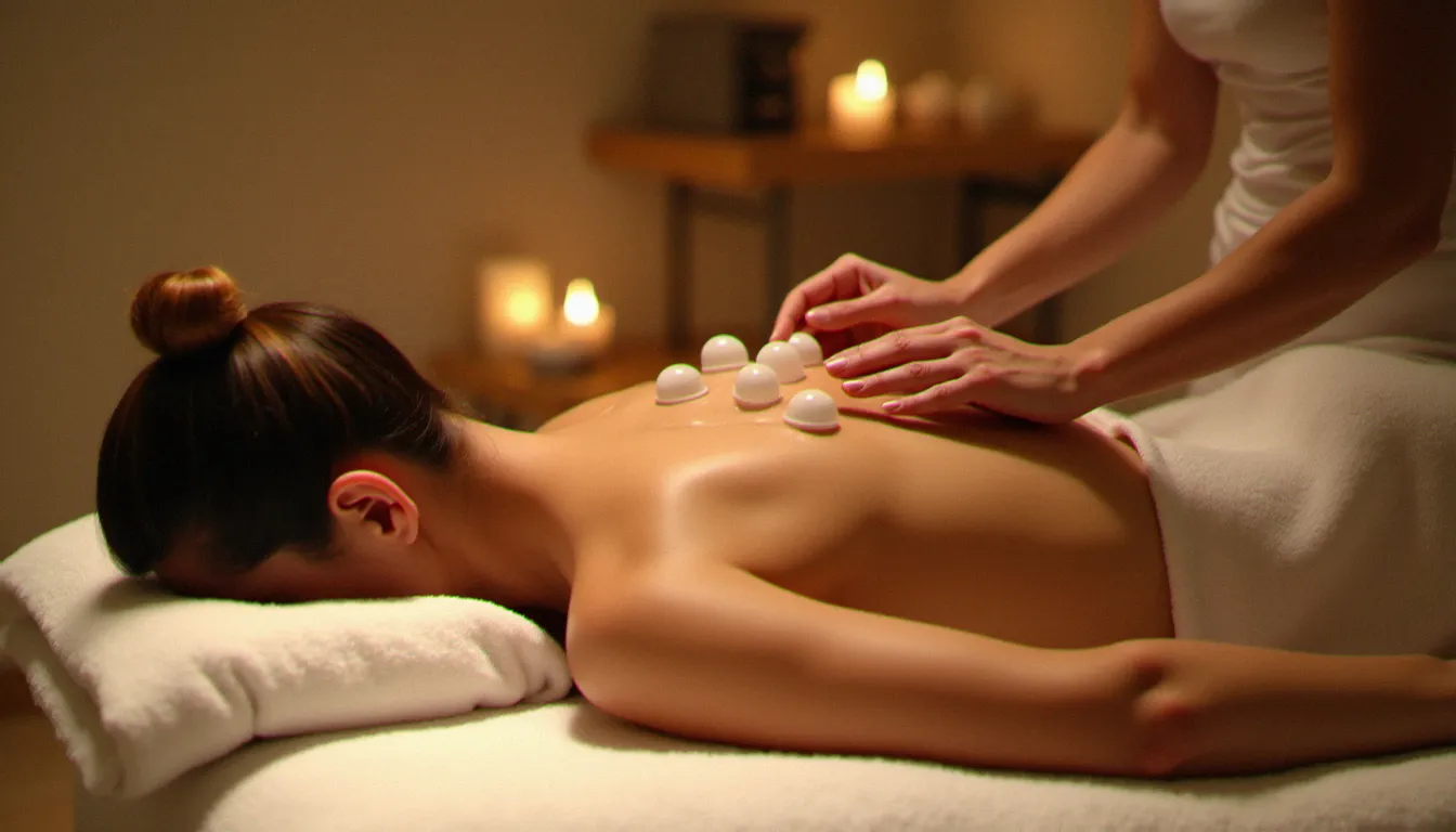 Cliente allongée avec des marques circulaires caractéristiques du massage cupping visibles sur le haut du dos, dans une ambiance de soin bien-être chaleureuse