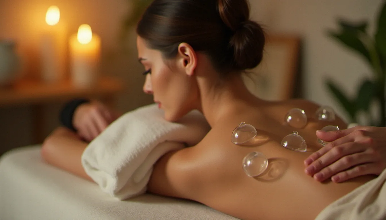 Praticienne réalisant un massage cupping avec des ventouses en verre sur le dos d'une cliente dans un cabinet bien-être lumineux et apaisant