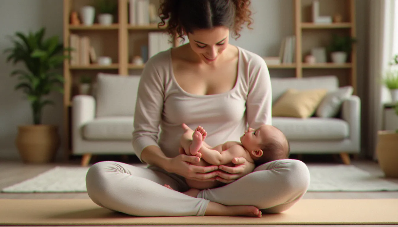 Un parent assis en tailleur masse la plante du pied d'un bébé de trois mois avec les deux pouces, dans un salon chaleureux aux tons naturels