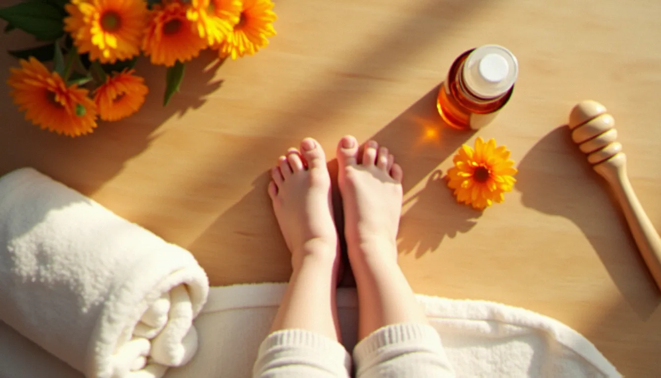 Vue du dessus des petits pieds d'un bébé entourés d'une huile végétale bio en flacon ambré, de fleurs de calendula fraîches et d'une serviette blanche sur un plan de bois clair