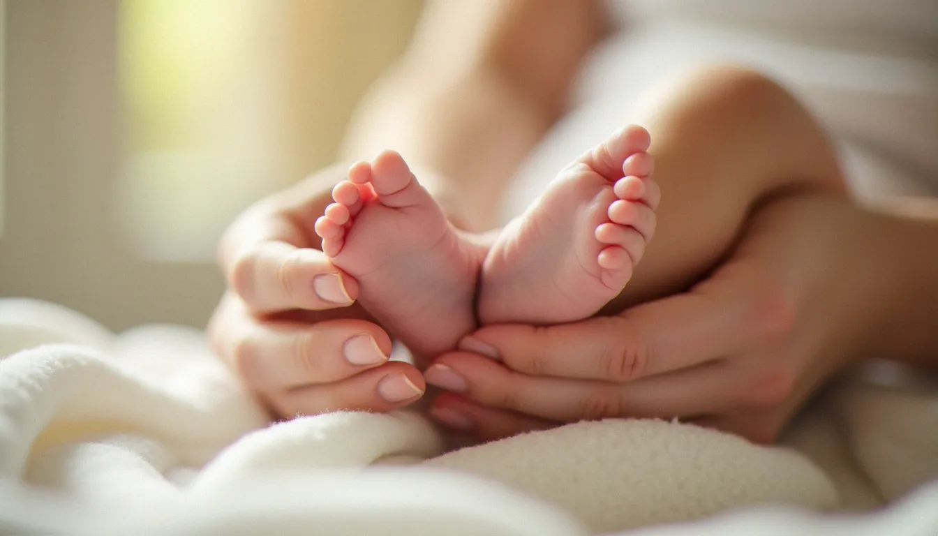 Une mère pratique le massage des pieds bébé sur un nouveau-né posé sur un linge blanc, lumière naturelle douce