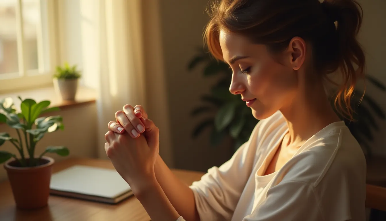 Femme pratiquant l'auto-massage du canal carpien à son bureau à domicile, expression apaisée, lumière chaude d'après-midi
