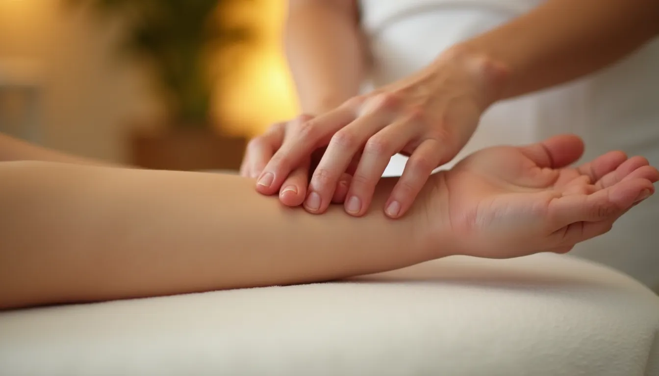 Praticienne effectuant un massage du canal carpien sur le poignet d'une patiente allongée, éclairage doux et chaleureux en cabinet bien-être