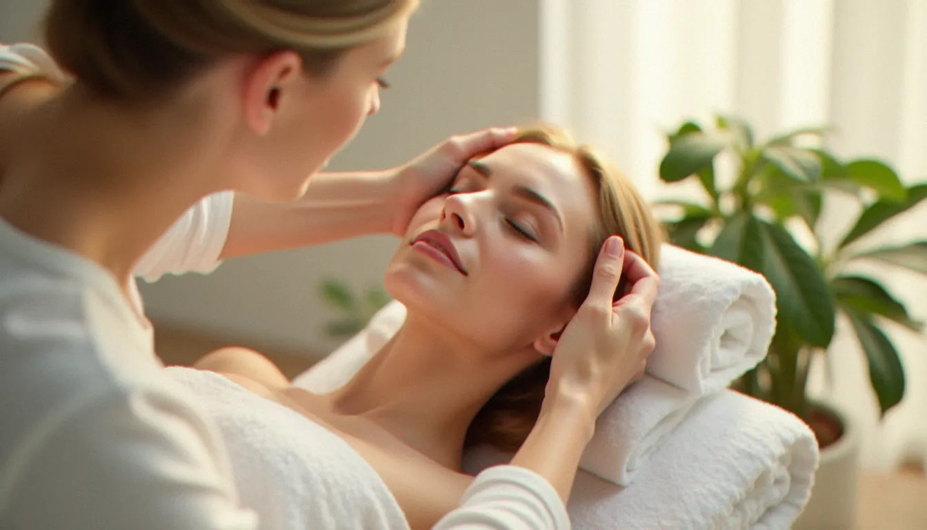 Mains expertes d'une praticienne effectuant un drainage lymphatique facial sur le contour du visage d'une cliente dans le cadre d'un massage anti-âge