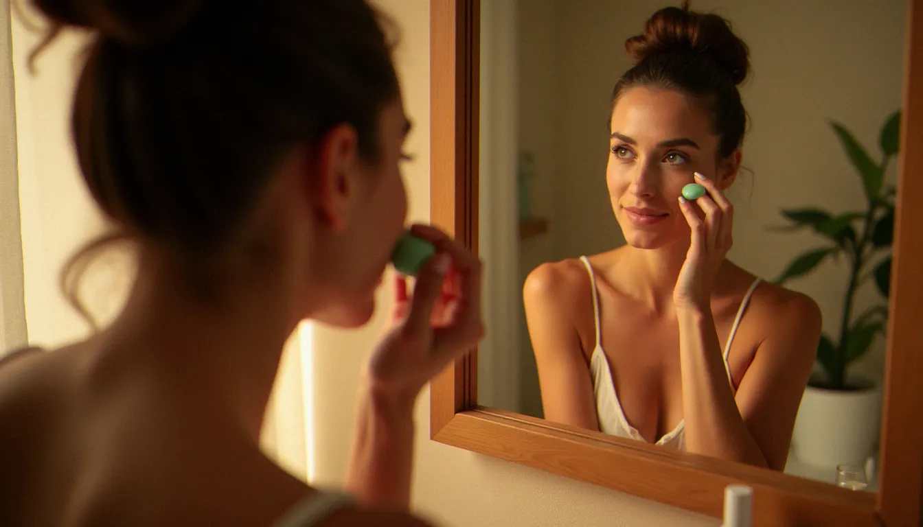 Femme pratiquant un auto-massage du visage anti-âge avec un Gua Sha en jade devant son miroir lors de sa routine beauté matinale