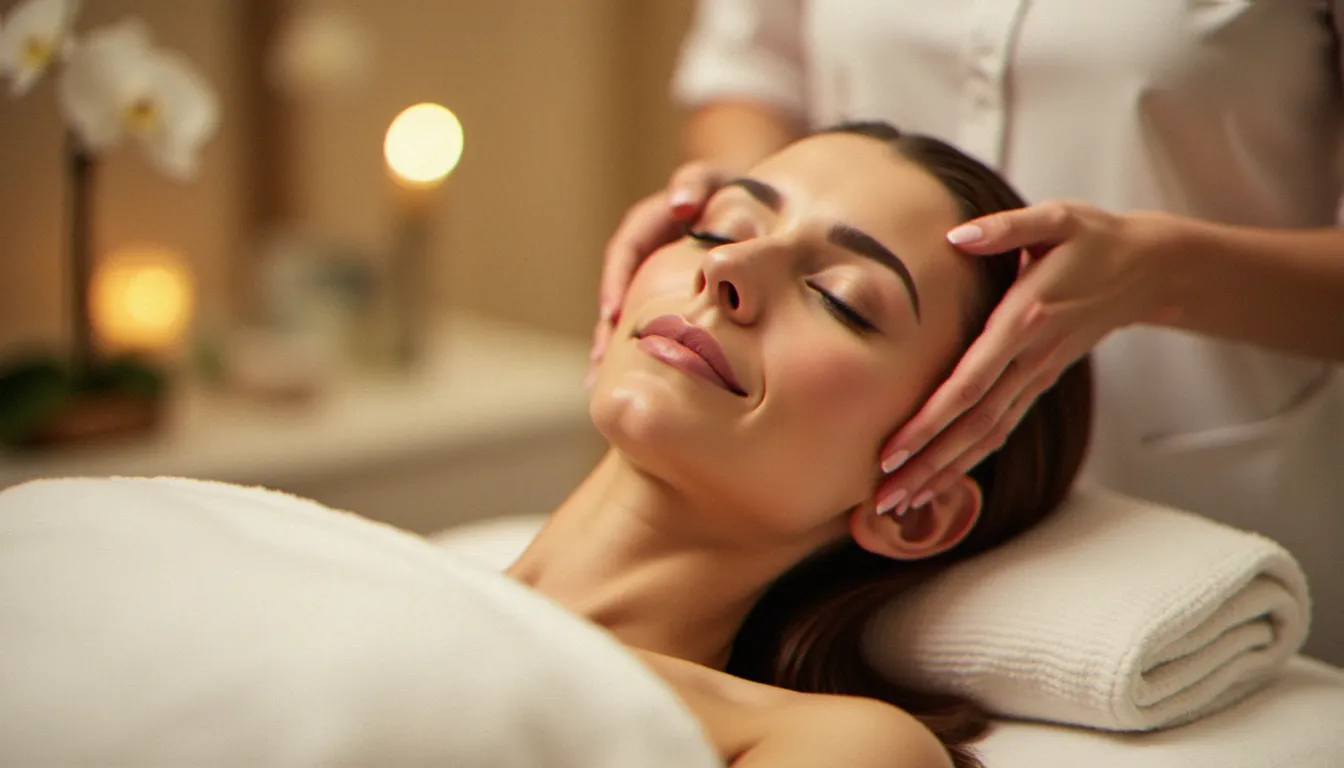 Praticienne réalisant un massage du visage anti-âge sur une femme détendue allongée dans un institut de soin à Vichy