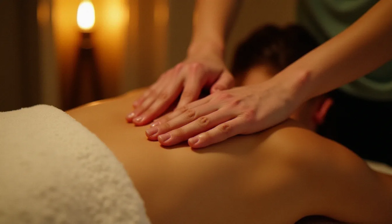 Gros plan sur les mains d'une masseuse effectuant un pétrissage énergisant sur les épaules d'une cliente dans une pièce de soin chaleureuse