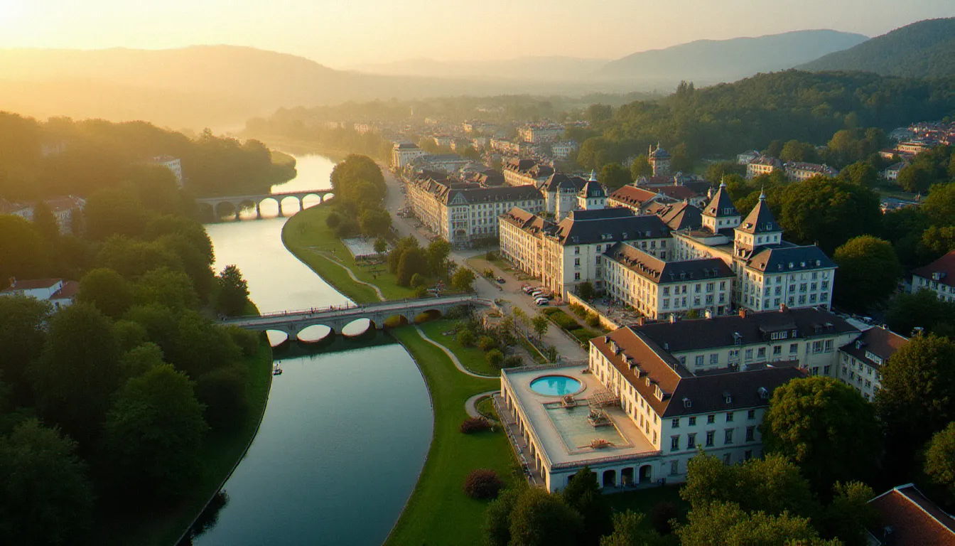 Vue aérienne de Vichy et de ses bâtiments thermaux historiques au bord de l'Allier, cadre idéal pour un massage énergisant en ville thermale