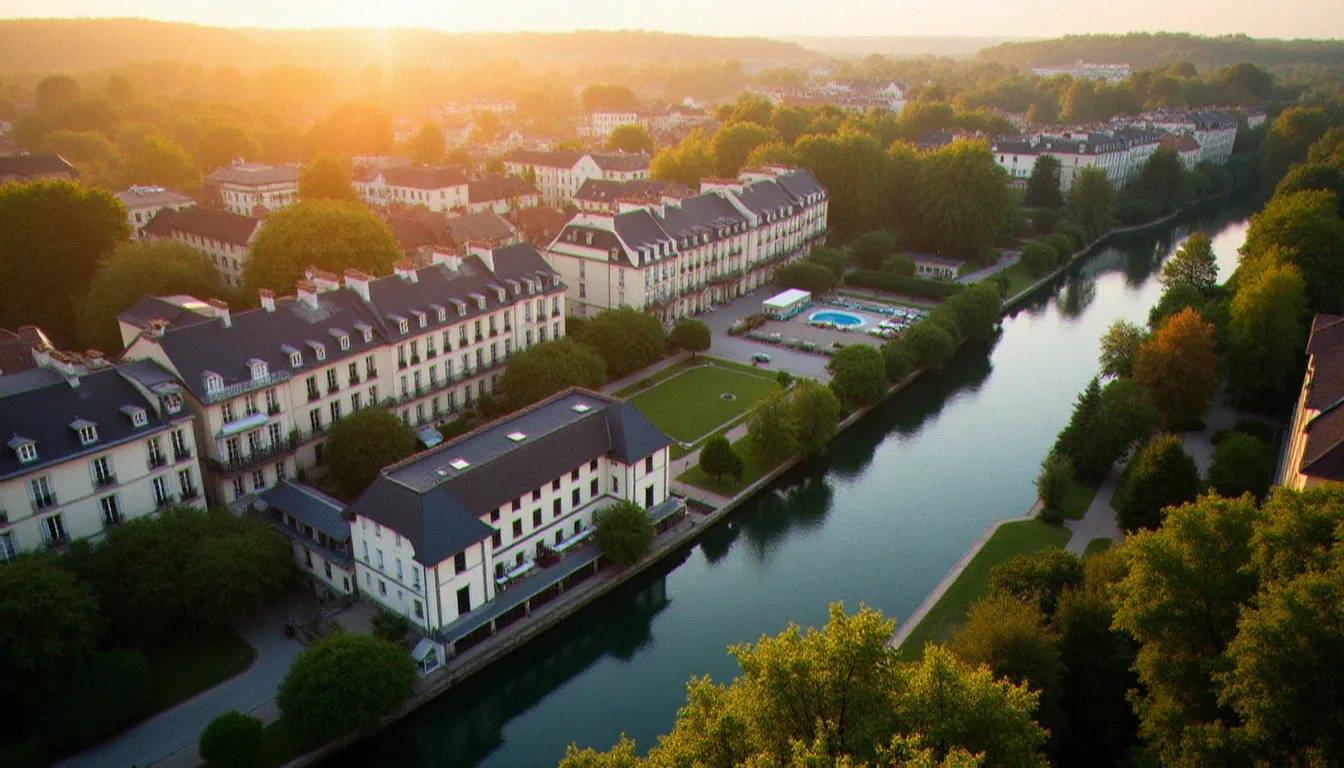 Vue panoramique de Vichy, ville thermale française, illustrant le cadre historique et bien-être unique de la capitale du massage en Auvergne