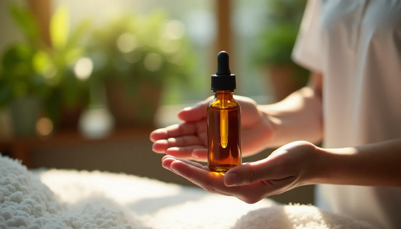 Mains d'une praticienne versant de l'huile végétale bio avant une séance de massage naturel, lumière naturelle douce et plantes vertes en arrière-plan
