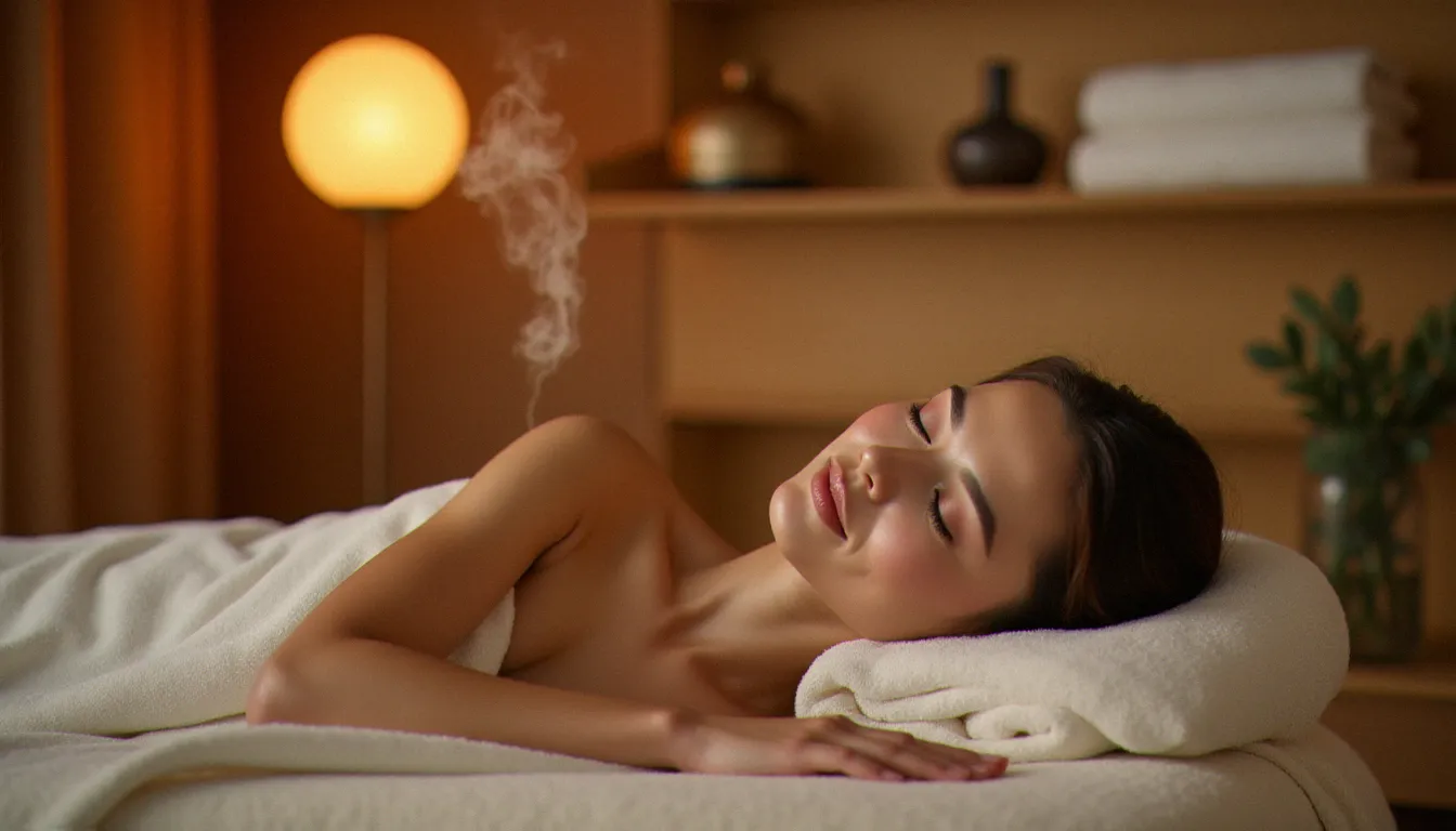 Cliente détendue sur une table de massage dans un cabinet bien-être à Metz, diffuseur d'huiles essentielles actif et éclairage ambiant chaleureux tamisé