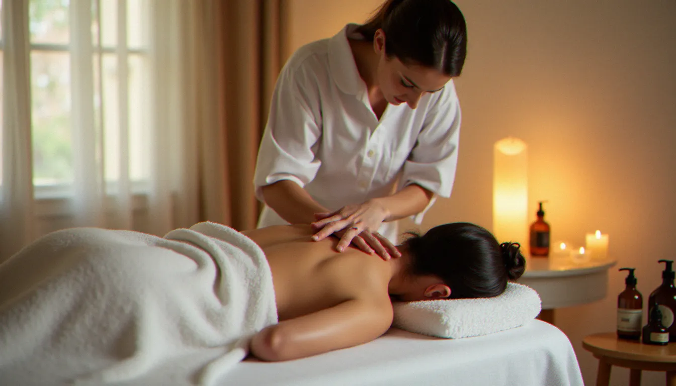 Praticienne réalisant un massage naturel à domicile à Metz, avec des huiles végétales bio posées sur une table de massage en lin blanc éclairée à la lumière douce