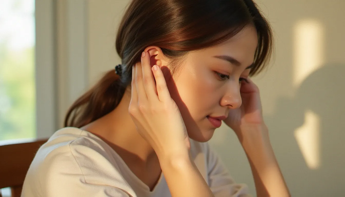 Femme pratiquant un massage oreille bouchée en pressant doucement la zone derrière le pavillon auriculaire, lumière naturelle apaisante