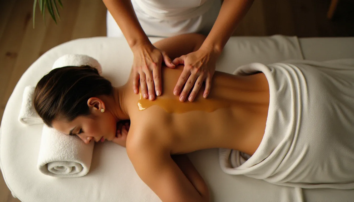 Vue aérienne d'une séance de massage polynésien corps entier, les avant-bras de la praticienne en mouvement enveloppant sur le dos d'une cliente, huile dorée brillant sur la peau