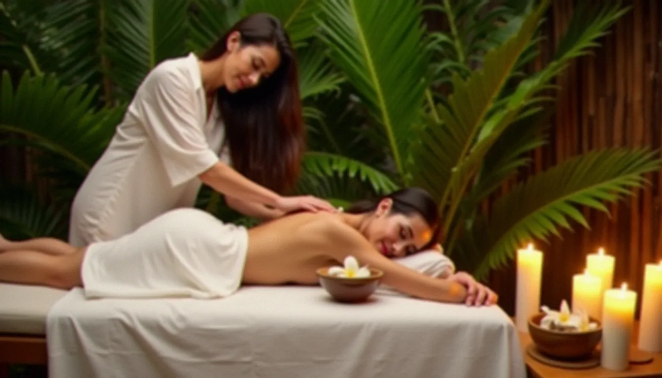 Praticienne réalisant un massage polynésien sur une cliente allongée sur une table en bois, avec de l'huile de monoï et des fleurs de tiare disposées à côté