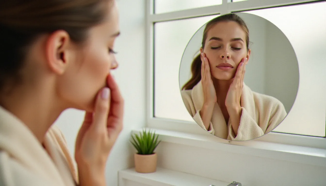 Femme pratiquant un automassage sous le menton devant un miroir de salle de bain avec des mouvements ascendants des doigts