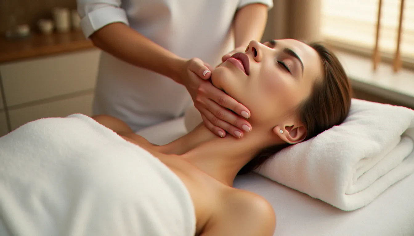Praticienne effectuant un massage pour double menton sur une femme allongée sur une table de soin dans un espace bien-être apaisant