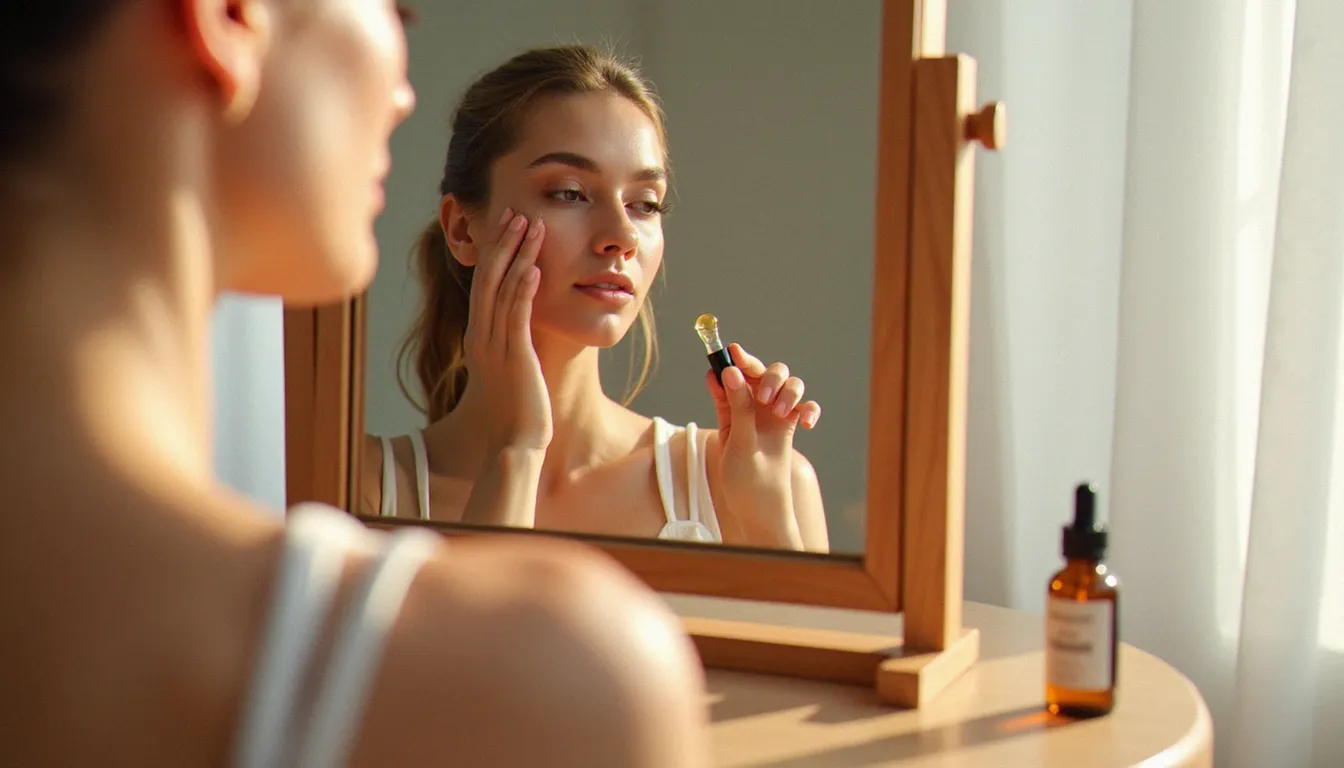 Femme pratiquant un auto-massage du visage devant son miroir le matin avec de l'huile végétale, geste ascendant sur le front