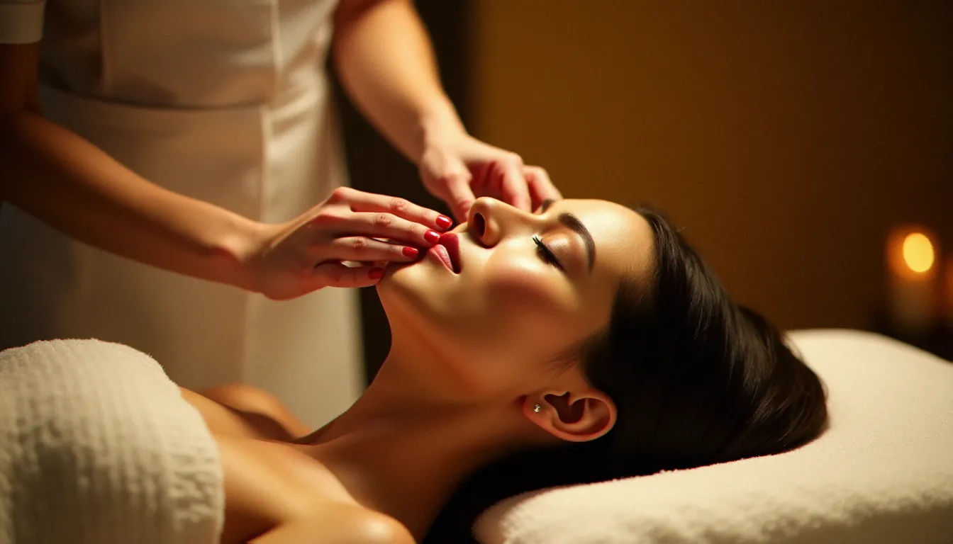 Praticienne réalisant un massage Kobido professionnel sur le visage d'une cliente allongée, pressions précises sur la ligne de mâchoire dans un espace soin chaleureux