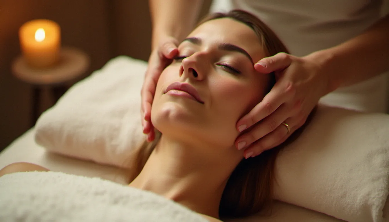 Femme recevant un massage pour les rides du visage en institut, mains du praticien positionnées sur les pommettes dans une lumière douce et apaisante