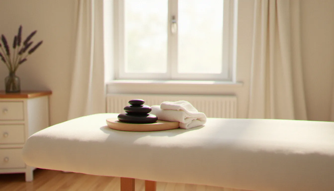 Salle de massage bien-être épurée avec table en lin blanc, pierres chaudes basaltiques sur plateau bois et bouquet de lavande fraîche, lumière naturelle douce