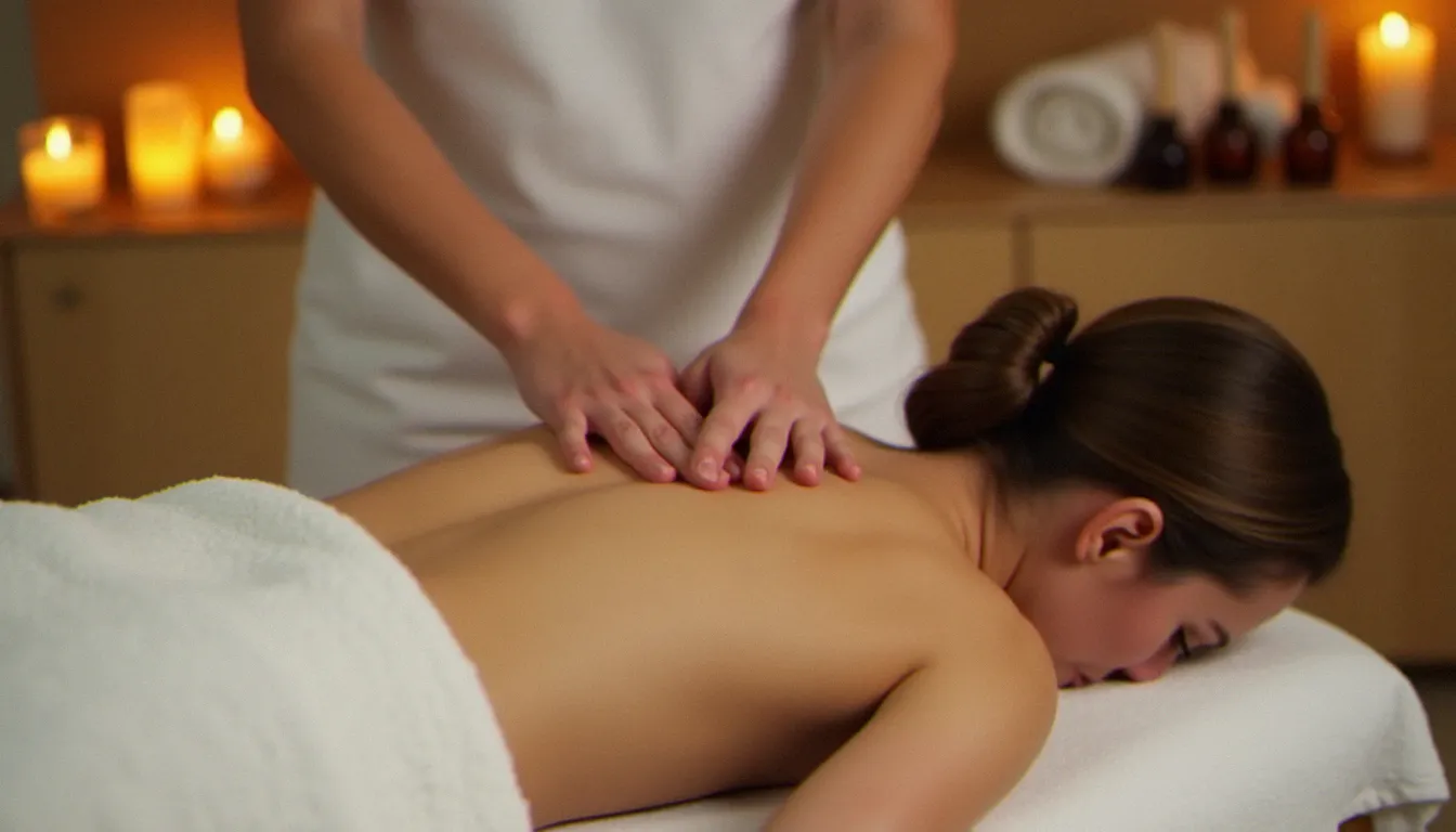 Mains d'une praticienne réalisant un massage prix 1h sur le dos d'une cliente allongée sur une table blanche, lumière dorée aux bougies et huiles essentielles en arrière-plan
