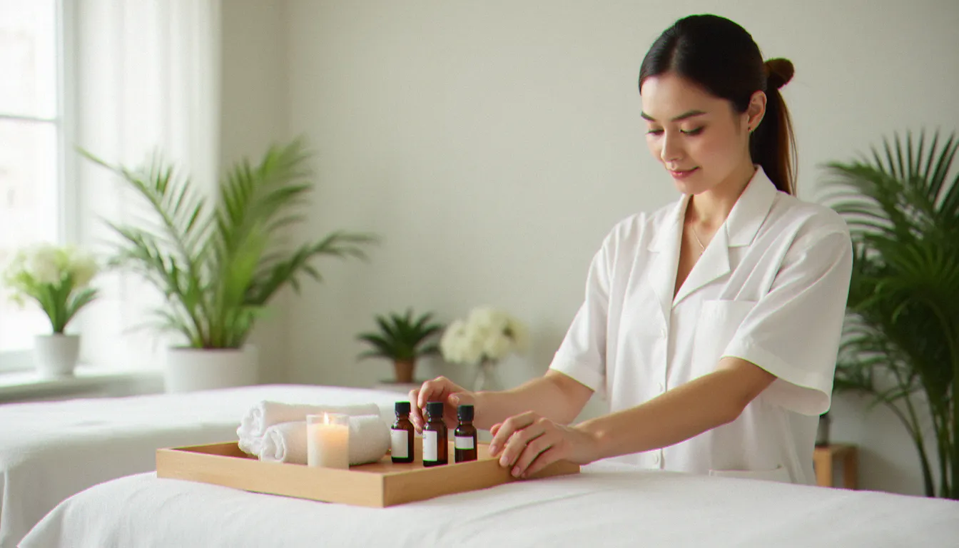 Praticienne bien-être préparant ses huiles essentielles avant une séance de massage, illustrant les différents tarifs selon les techniques