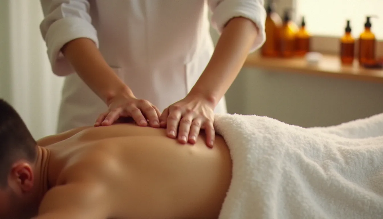Gros plan sur les mains d'une praticienne effectuant un massage du dos sur un jeune client dans un espace bien-être lumineux, illustrant les bienfaits thérapeutiques du massage