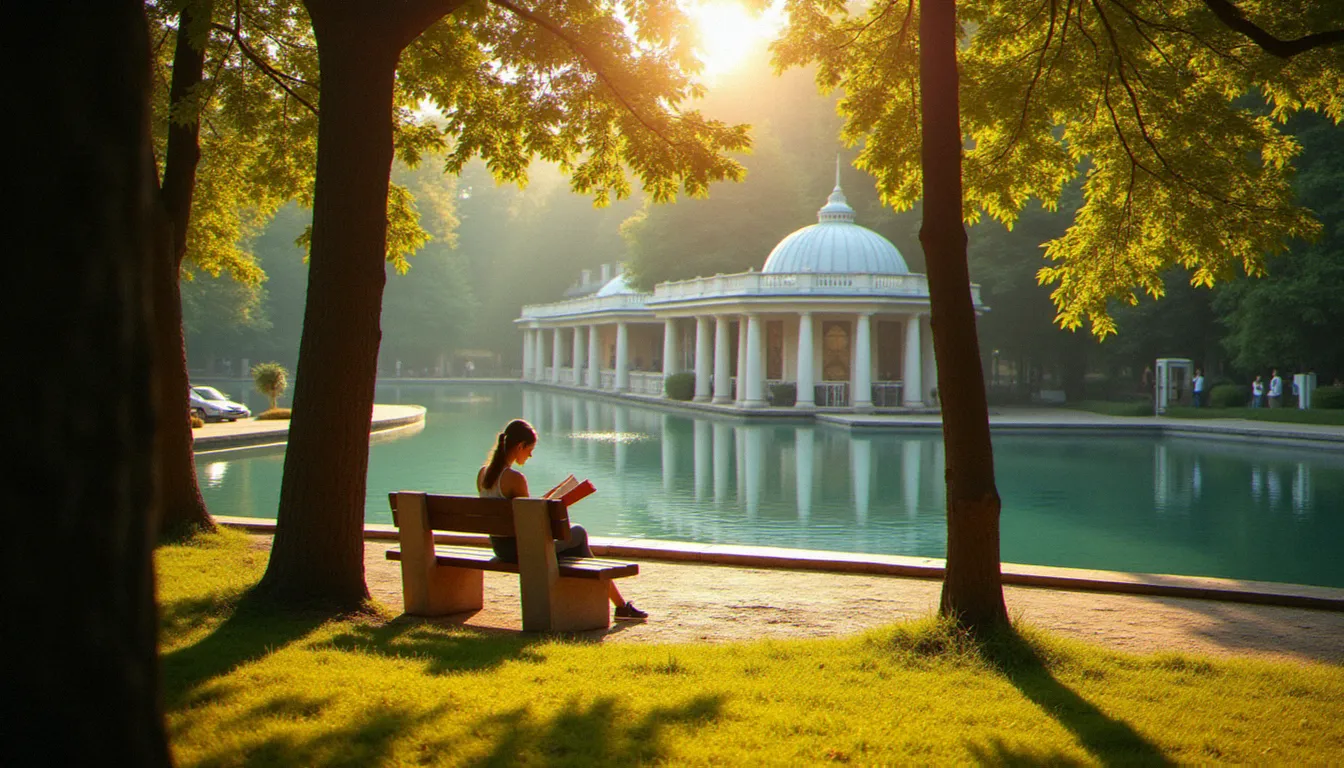 Parc thermal de Vichy baigné de lumière dorée avec l'architecture Belle Époque en arrière-plan, illustrant l'atmosphère unique de bien-être accessible qui caractérise la ville