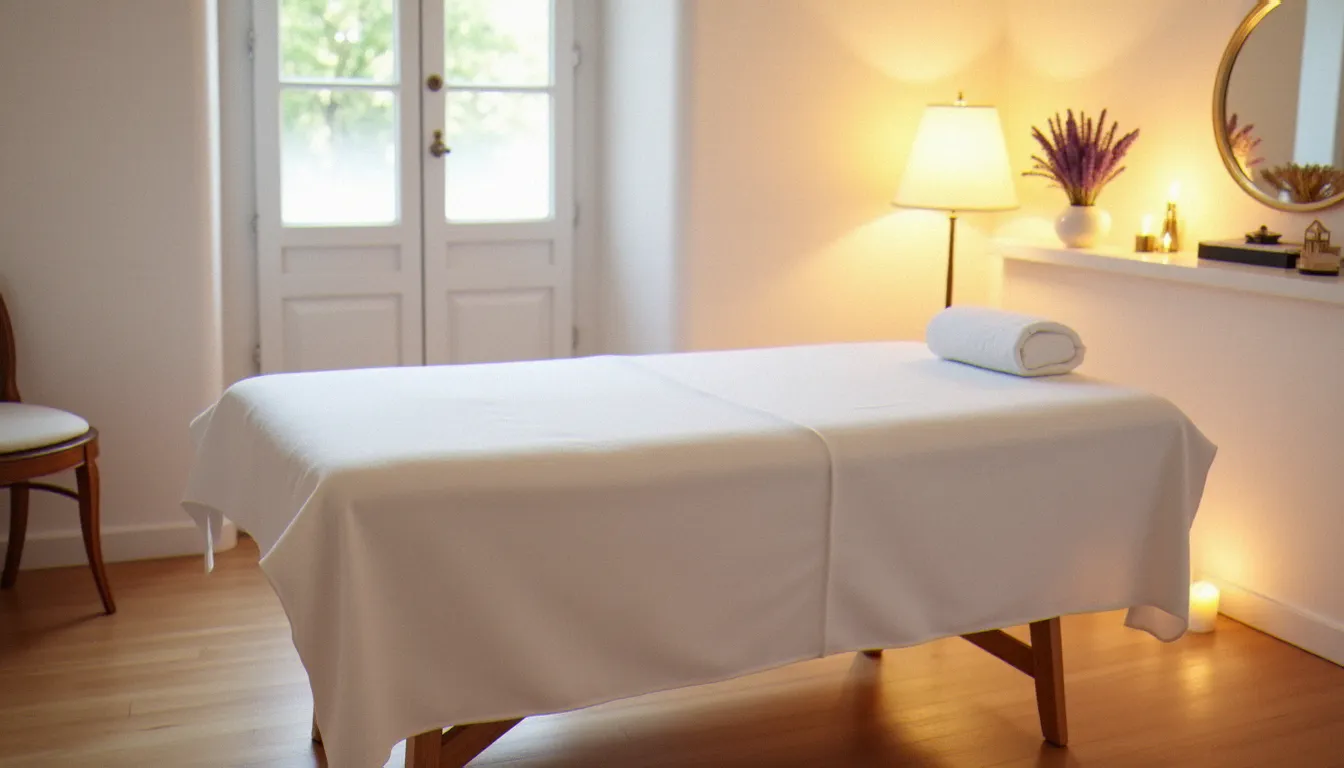Salle de massage apaisante avec table blanche et lumière tamisée illustrant le thème du massage prix à Vichy