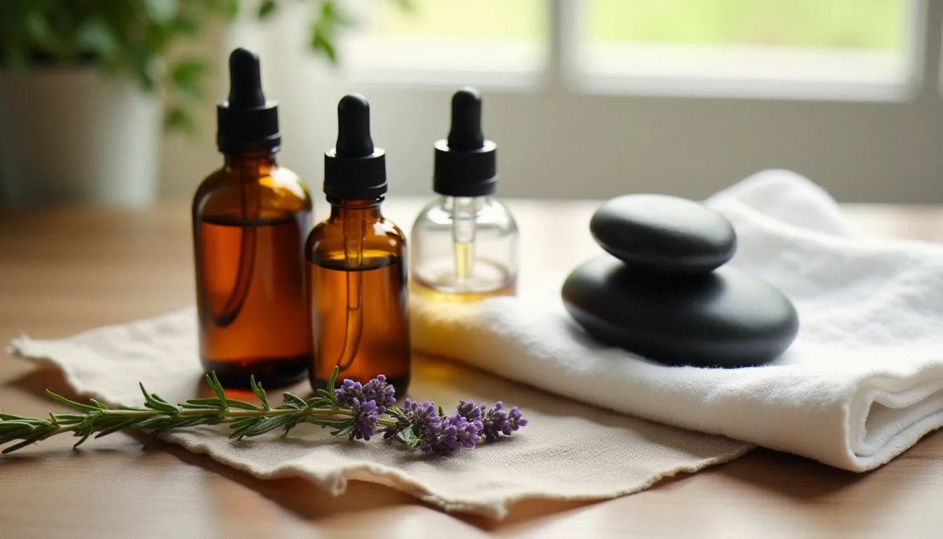 Huiles de massage, pierres chaudes et serviettes disposées sur un tissu en lin, représentant les différents types de massages et leurs tarifs disponibles en France