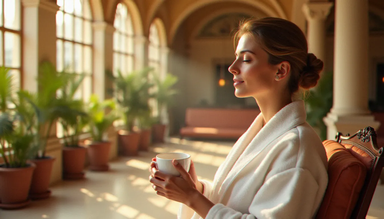 Femme en peignoir blanc se détendant dans un salon thermal Belle Époque à Vichy, illustrant comment choisir un massage adapté à son budget dans une destination thermale française