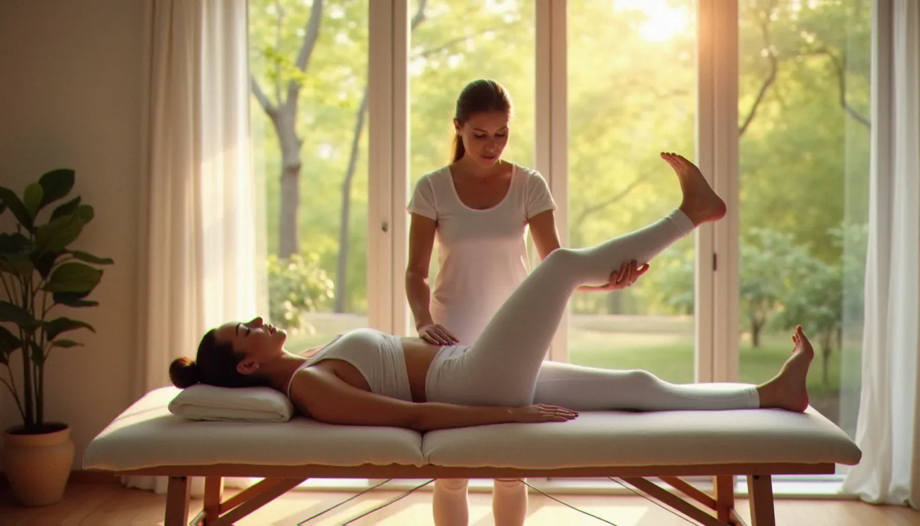 Praticienne certifiée guidant une cliente dans une posture d'étirement de la chaîne musculaire postérieure lors d'une séance de méthode Mézières à Vichy
