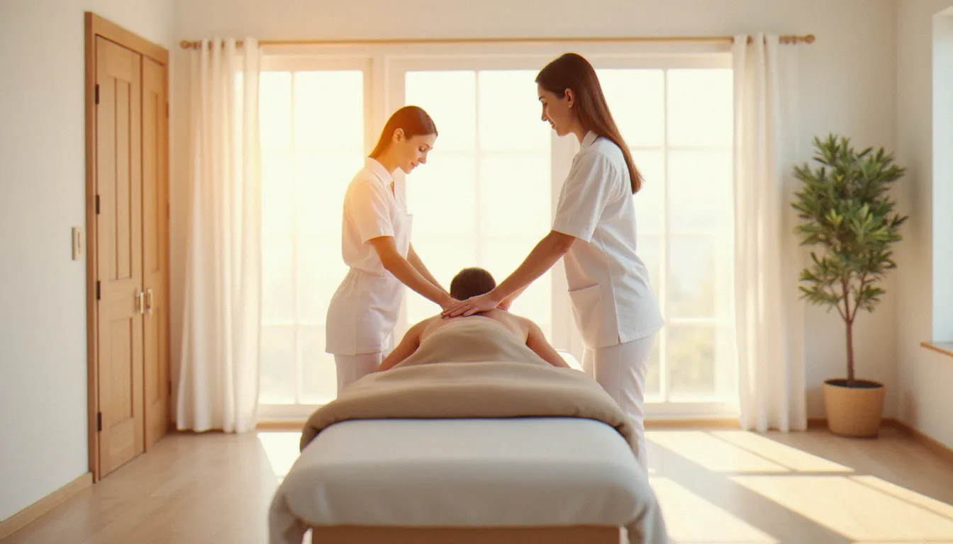 Séance de massage selon la méthode Mézières dans un cabinet bien-être à Vichy, praticienne positionnant ses mains sur le dos d'une patiente allongée dans un espace lumineux et apaisant