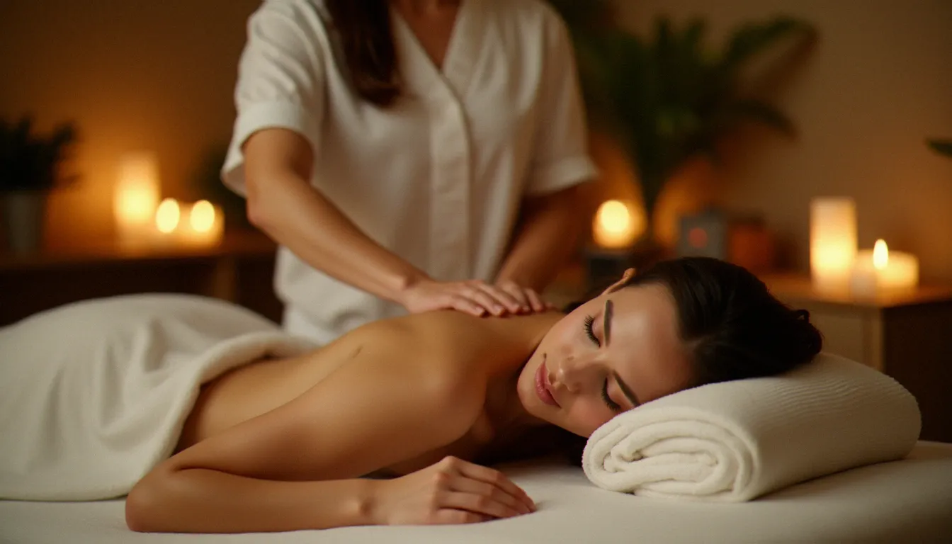 Femme recevant un massage relaxant du dos et des épaules en institut bien-être, dans une atmosphère chaleureuse et apaisante