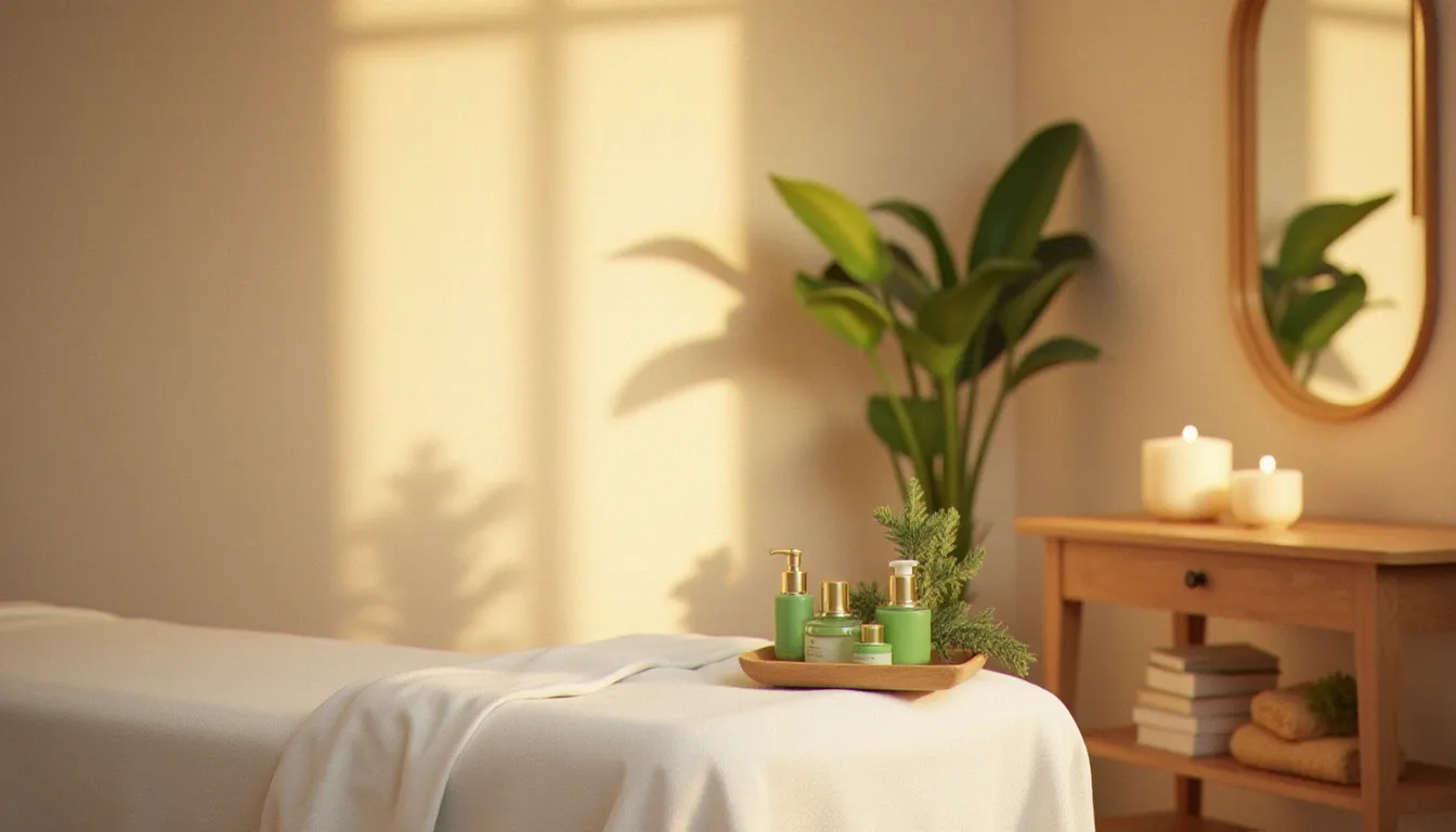 Salle de soin lumineuse et apaisante avec table de massage et huiles végétales, illustrant l'univers du massage prix Yves Rocher