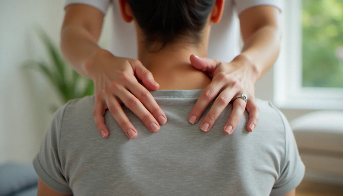 Gros plan des mains d'un praticien appliquant les techniques de pression du massage tui na sur les points d'acupression du dos d'un patient habillé
